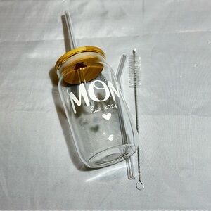 Glass Tumbler with Bamboo Lid and Straw Gift X New Mom